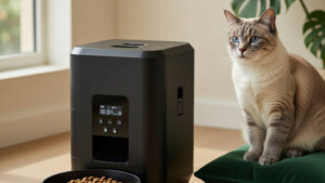 A cat eating from a modern automatic pet feeder in a clean kitchen.