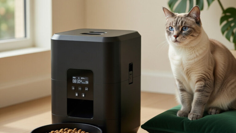 A cat eating from a modern automatic pet feeder in a clean kitchen.