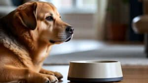 A golden retriever looking up at its owner who is holding a bowl of dog food, illustrating how often to feed your dog.