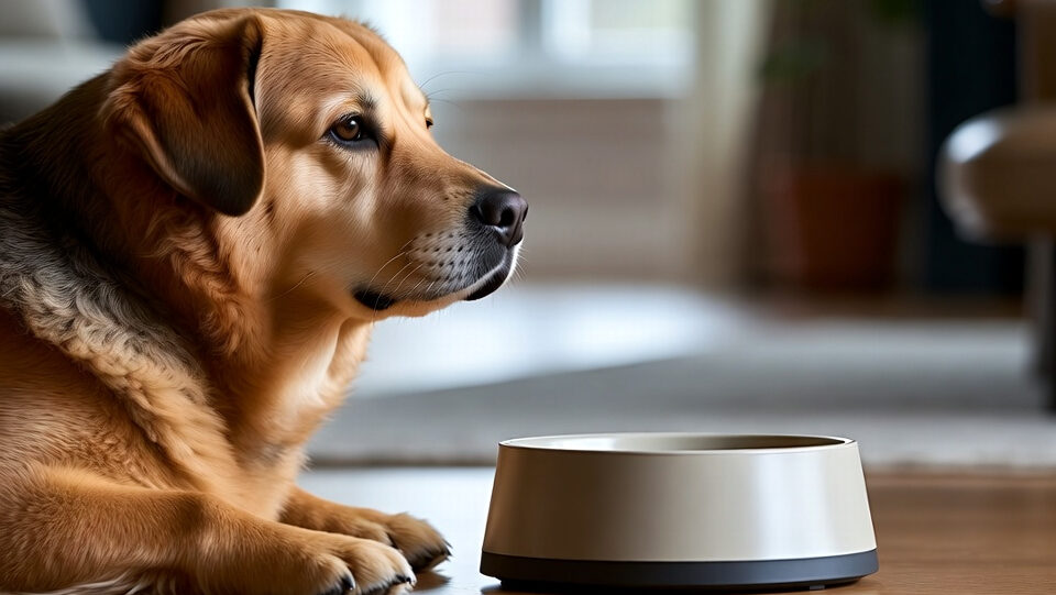 A golden retriever looking up at its owner who is holding a bowl of dog food, illustrating how often to feed your dog.
