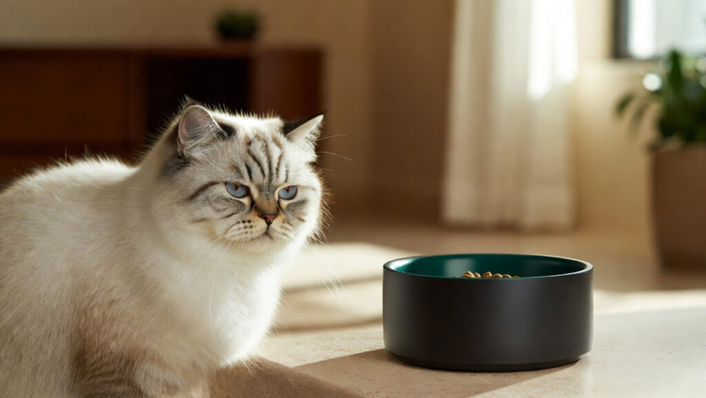 A healthy cat eating from a bowl, illustrating a proper cat feeding schedule.
