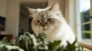 A happy cat rolling on the floor next to a pile of dried catnip, demonstrating that catnip is safe for cats.